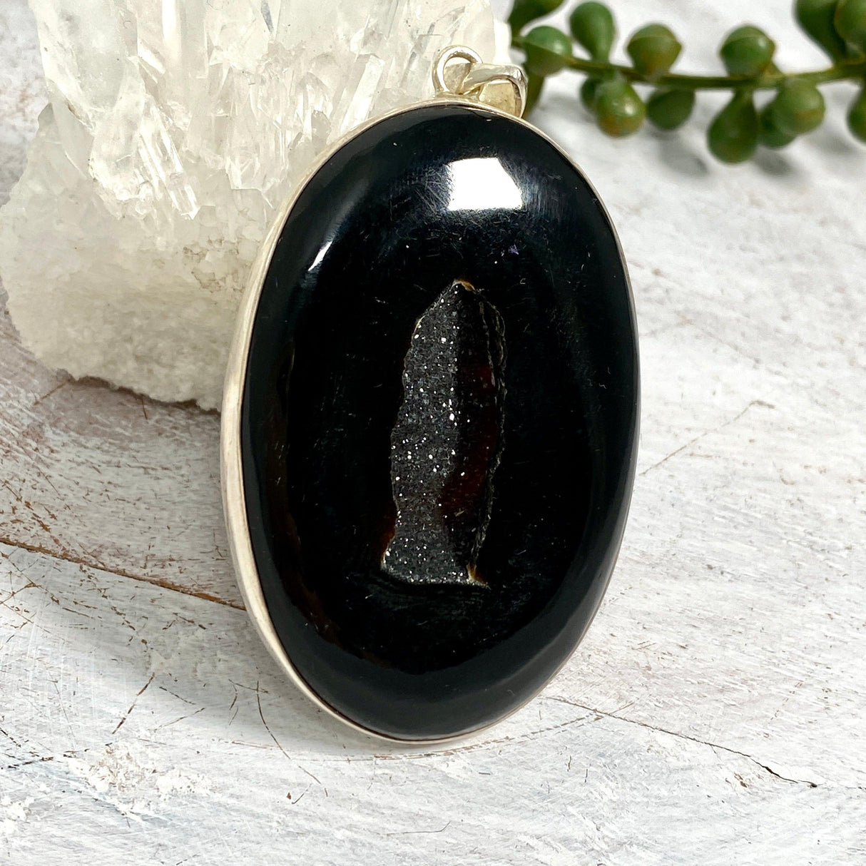 Druzy Black Agate oval pendant KPGJ3175 - Nature's Magick