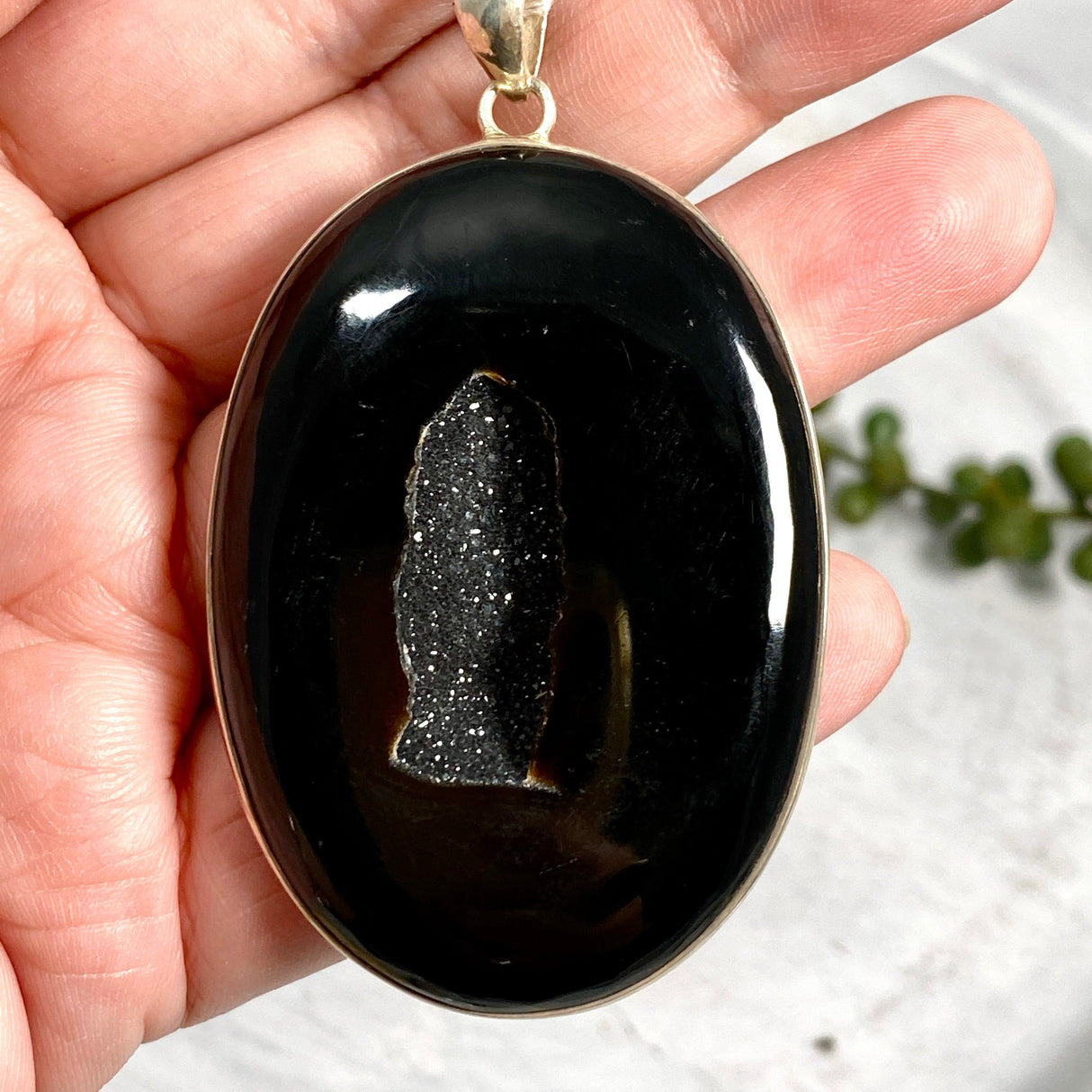 Druzy Black Agate oval pendant KPGJ3175 - Nature's Magick