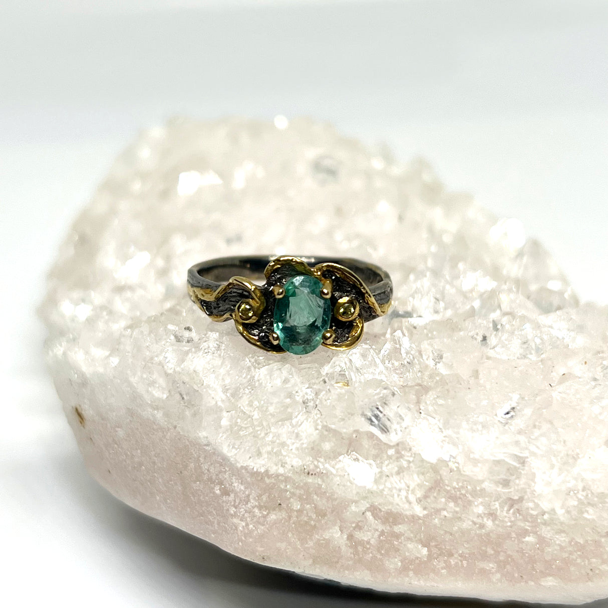 Emerald 925 silver with 18ct gold plate ring Size 8 GRA-01