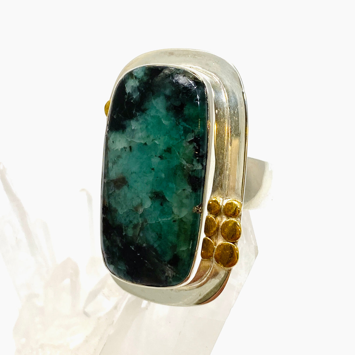 Emerald Rectangular Cabochon Ring with Brass Detailing Size 10 KPGJ3303