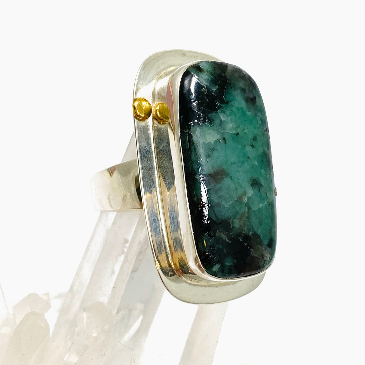 Emerald Rectangular Cabochon Ring with Brass Detailing Size 10 KPGJ3303