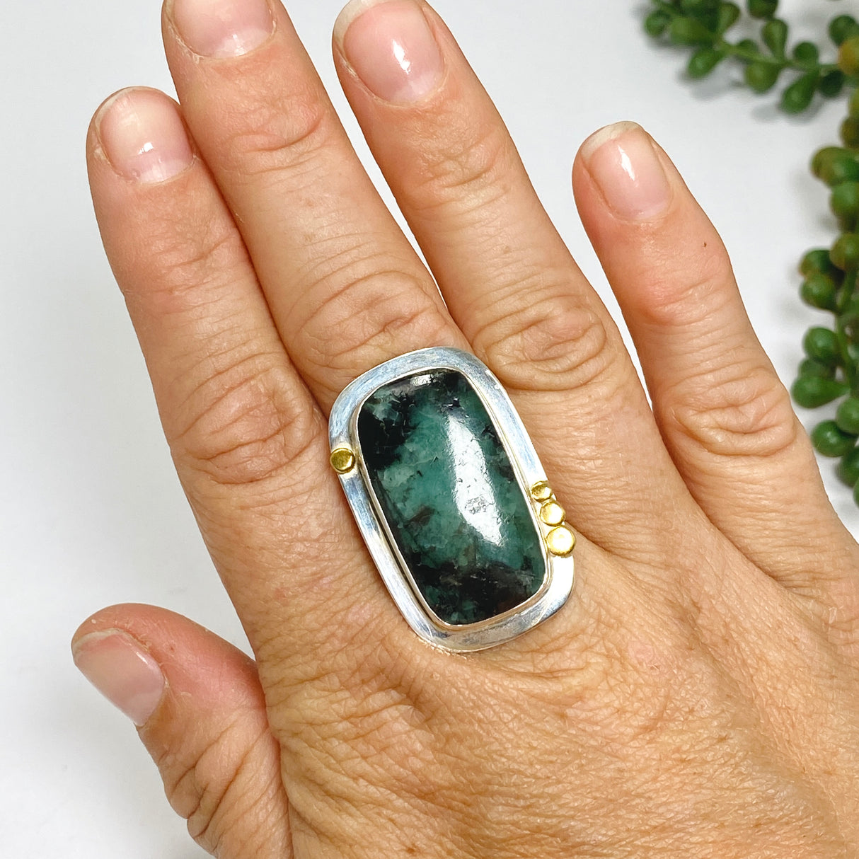 Emerald Rectangular Cabochon Ring with Brass Detailing Size 10 KPGJ3303