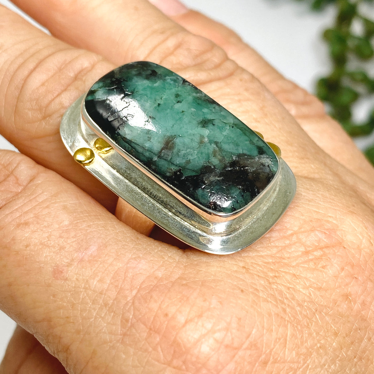 Emerald Rectangular Cabochon Ring with Brass Detailing Size 10 KPGJ3303