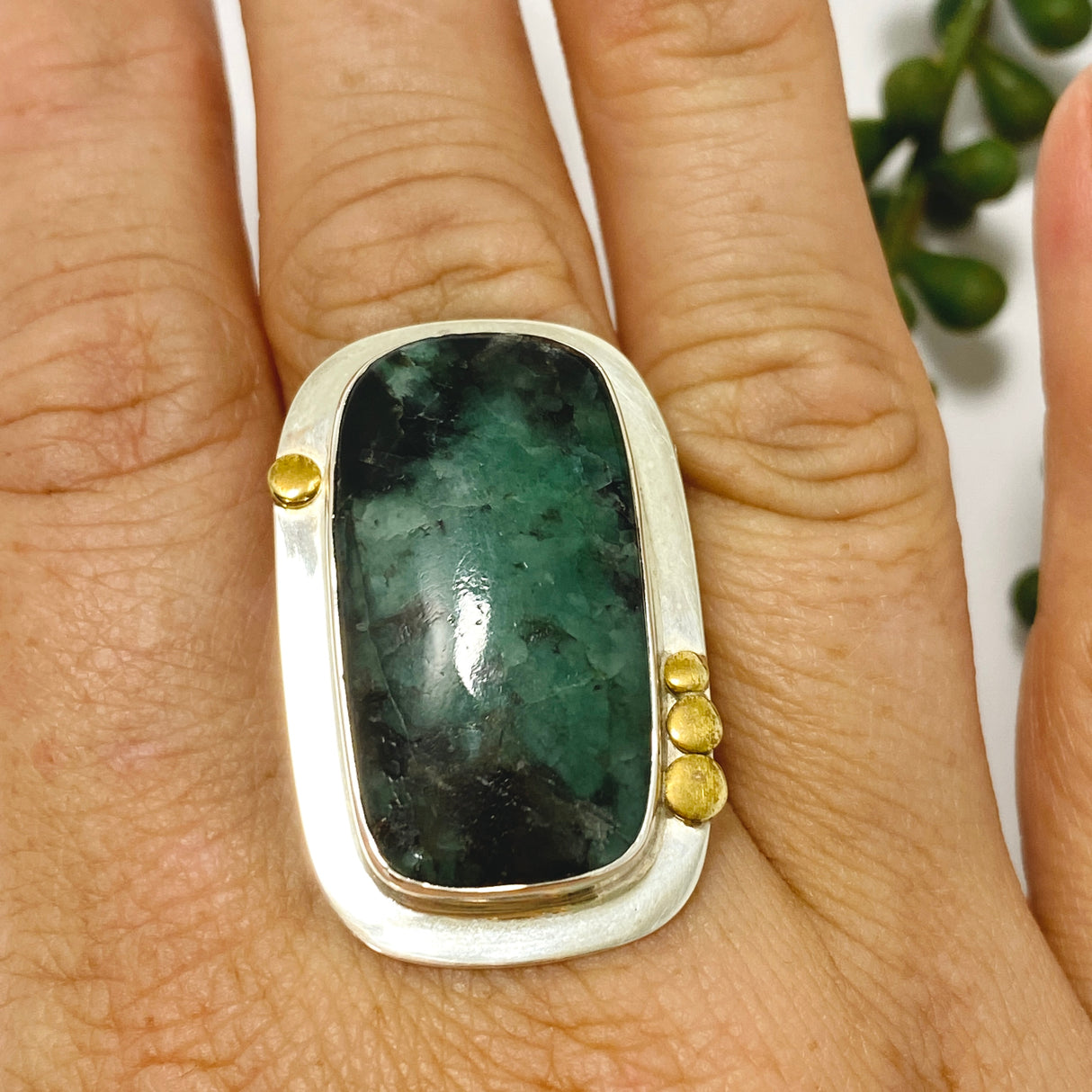 Emerald Rectangular Cabochon Ring with Brass Detailing Size 10 KPGJ3303