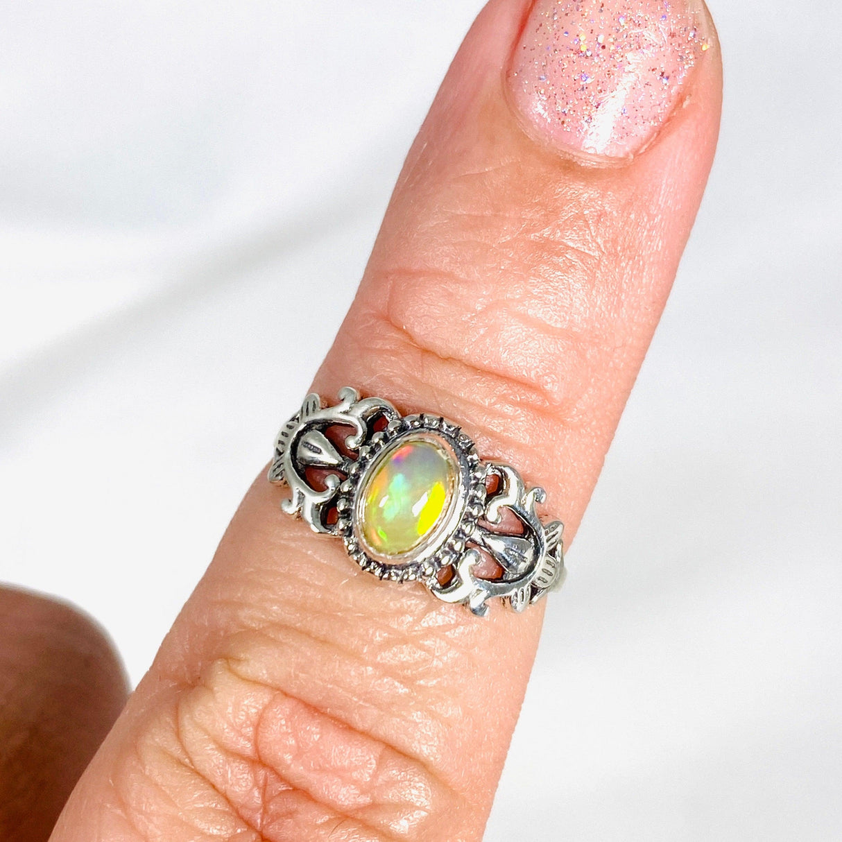 Ethiopian Opal ring with silver design in band KRGJ3001 - Nature's Magick