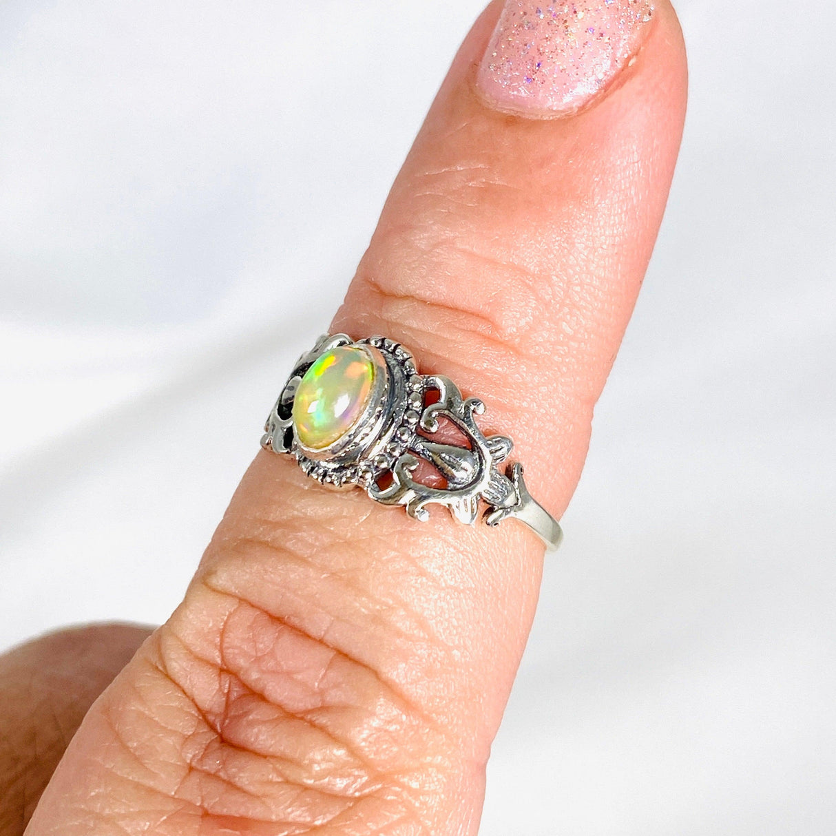 Ethiopian Opal ring with silver design in band KRGJ3001 - Nature's Magick