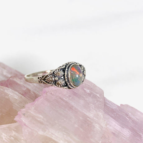 Ethiopian Opal ring with silver flower design in band KRGJ2999 - Nature's Magick