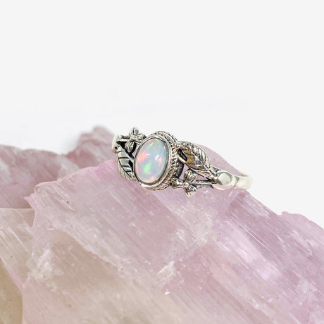 Ethiopian Opal ring with silver leaf design in band KRGJ3000 - Nature's Magick