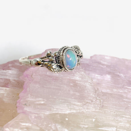 Ethiopian Opal ring with silver leaf design in band KRGJ3000 - Nature's Magick