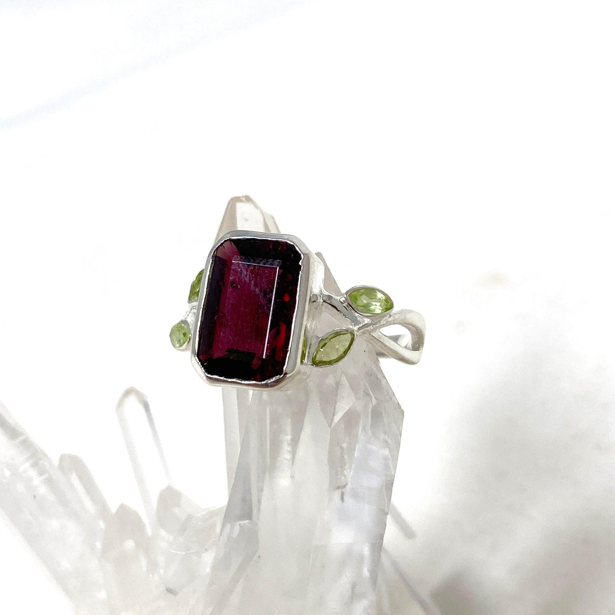 Garnet Faceted Rectangular Multistone Ring with Botanical Details R3806 - Nature's Magick