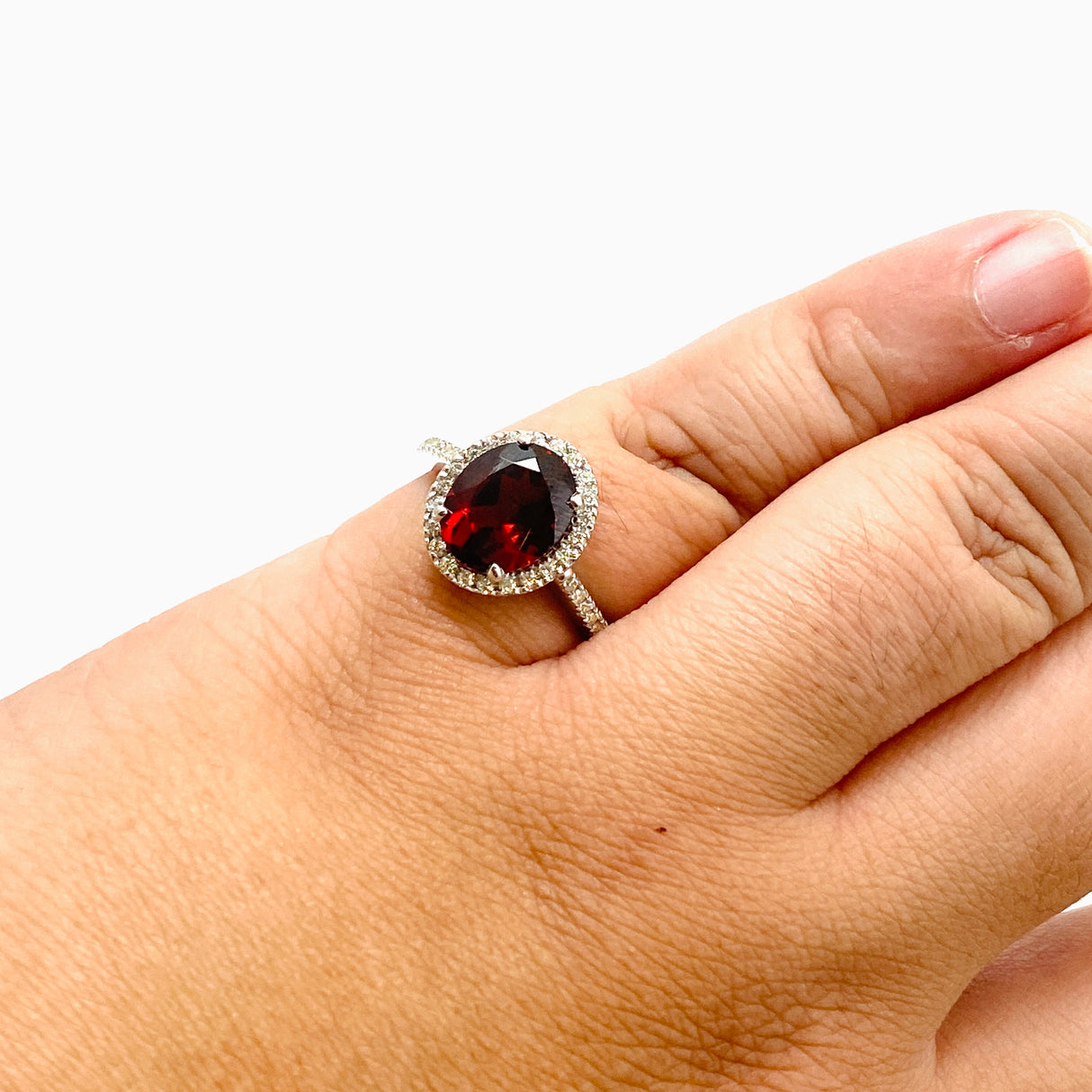 Garnet Oval Faceted Ring with CZ accents Size 8.5 HRGJ-62