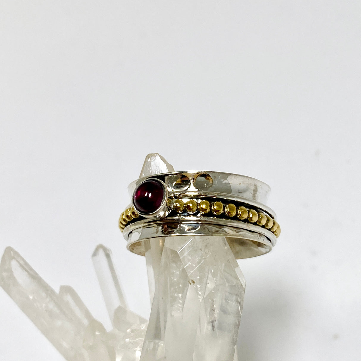 Garnet Round Cabochon Sterling Silver, Brass and Copper Spinner Ring RG1054GT