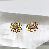 Gold Plated Lotus Flower Stud Earrings with Teardrop Faceted Cubic Zirconia SE266-YG