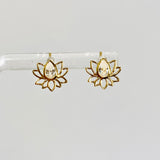 Gold Plated Lotus Flower Stud Earrings with Teardrop Faceted Cubic Zirconia SE266-YG