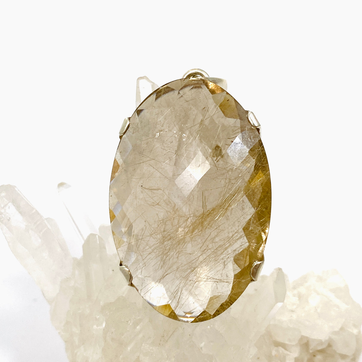 Golden Rutile Quartz Oval Checkerboard Faceted Pendant PPGJ885