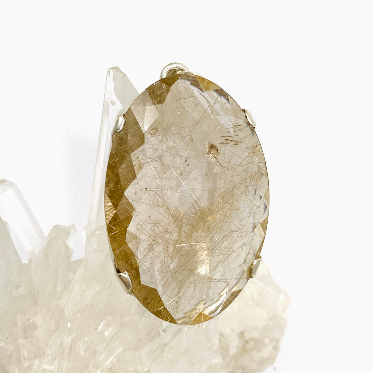 Golden Rutile Quartz Oval Checkerboard Faceted Pendant PPGJ885