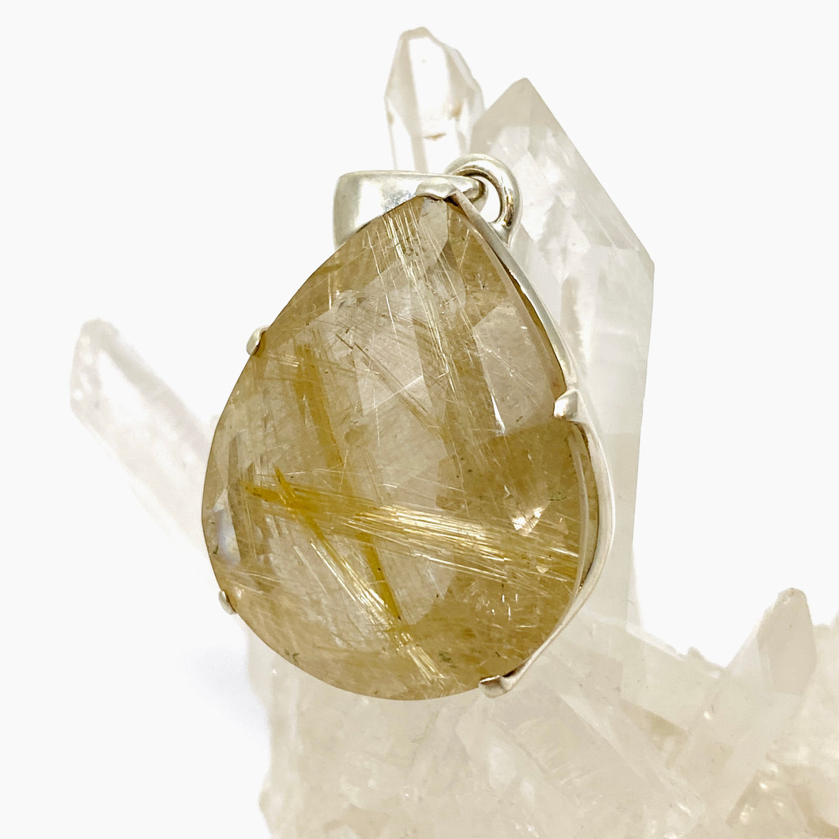 Golden Rutile Quartz Teardrop Checkerboard Faceted Pendant PPGJ891