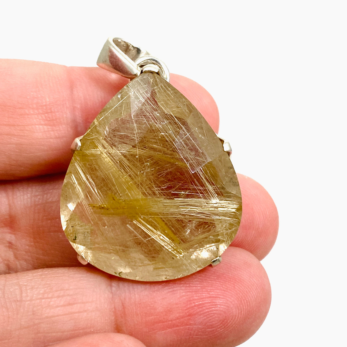 Golden Rutile Quartz Teardrop Checkerboard Faceted Pendant PPGJ891