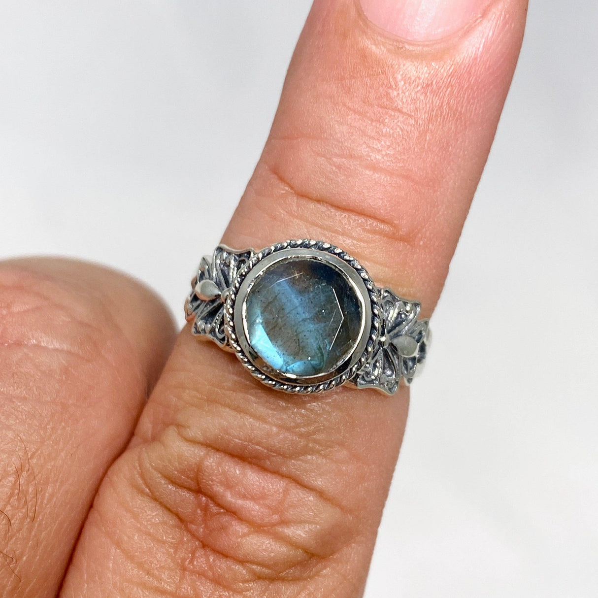 Labradorite Faceted Round Ring in a Decorative Setting R3671 - Nature's Magick