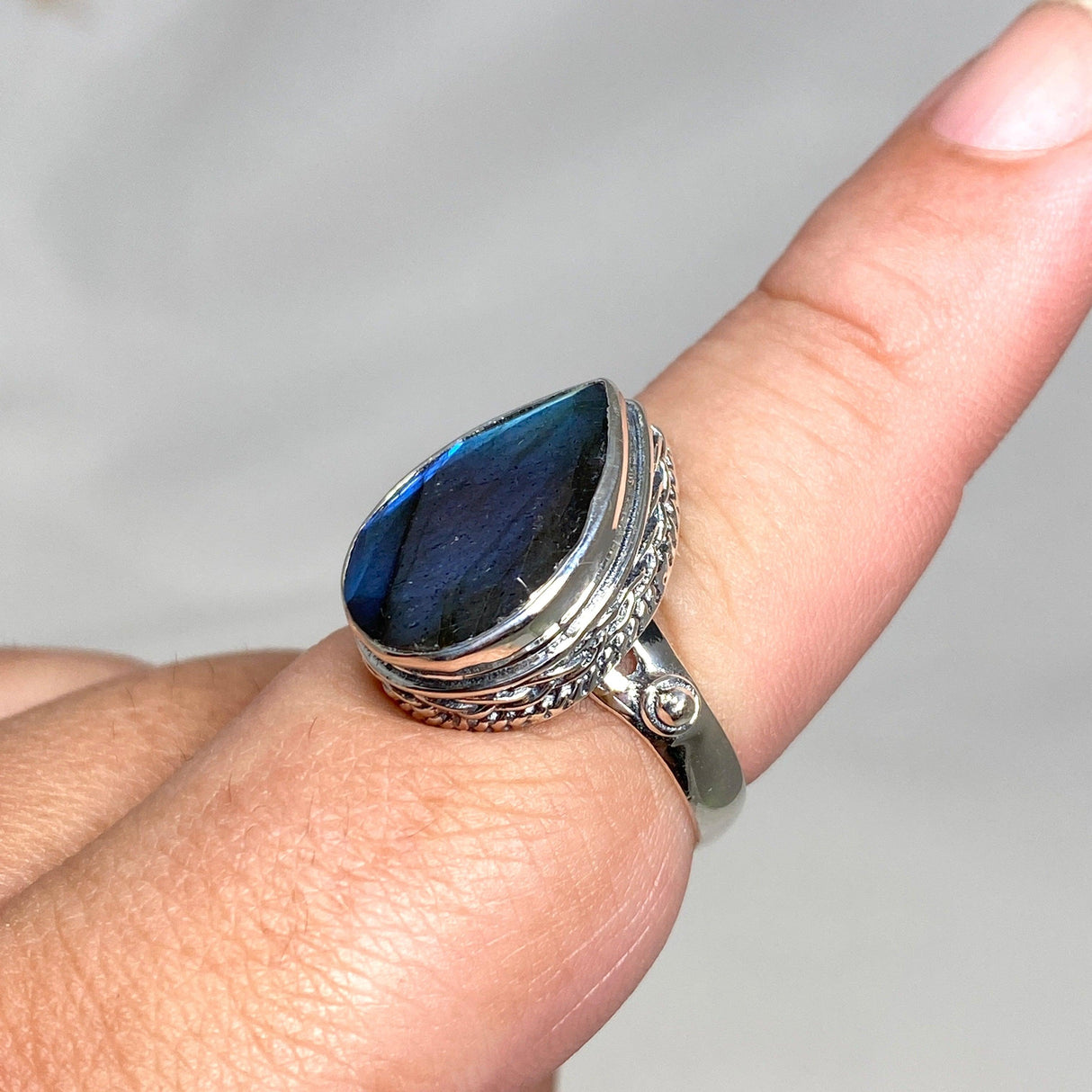 Labradorite Faceted Teardrop Ring in a Decorative Setting R3817 - Nature's Magick