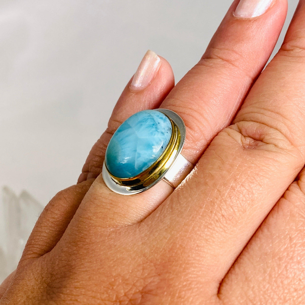 Larimar Oval Ring with Brass Detailing Size 10 KRGJ3104 - Nature's Magick