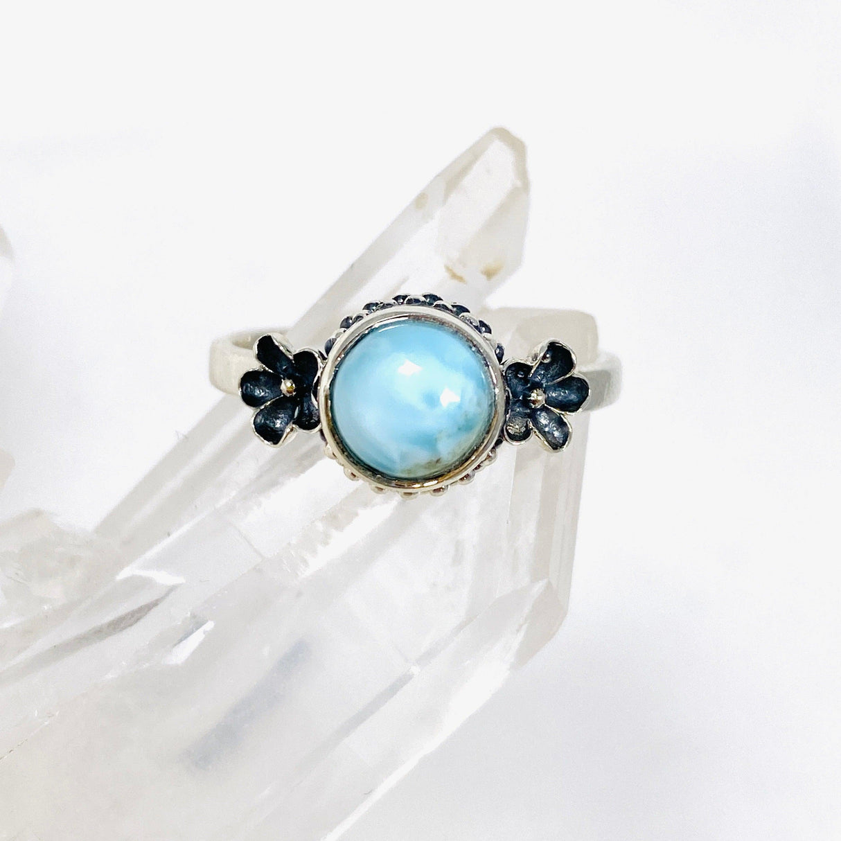 Larimar Petite Round Ring with Flower Detailing Size 9 KRGJ3109 - Nature's Magick