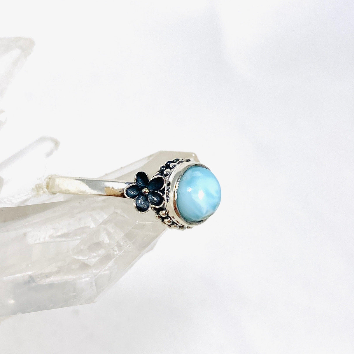 Larimar Petite Round Ring with Flower Detailing Size 9 KRGJ3109 - Nature's Magick