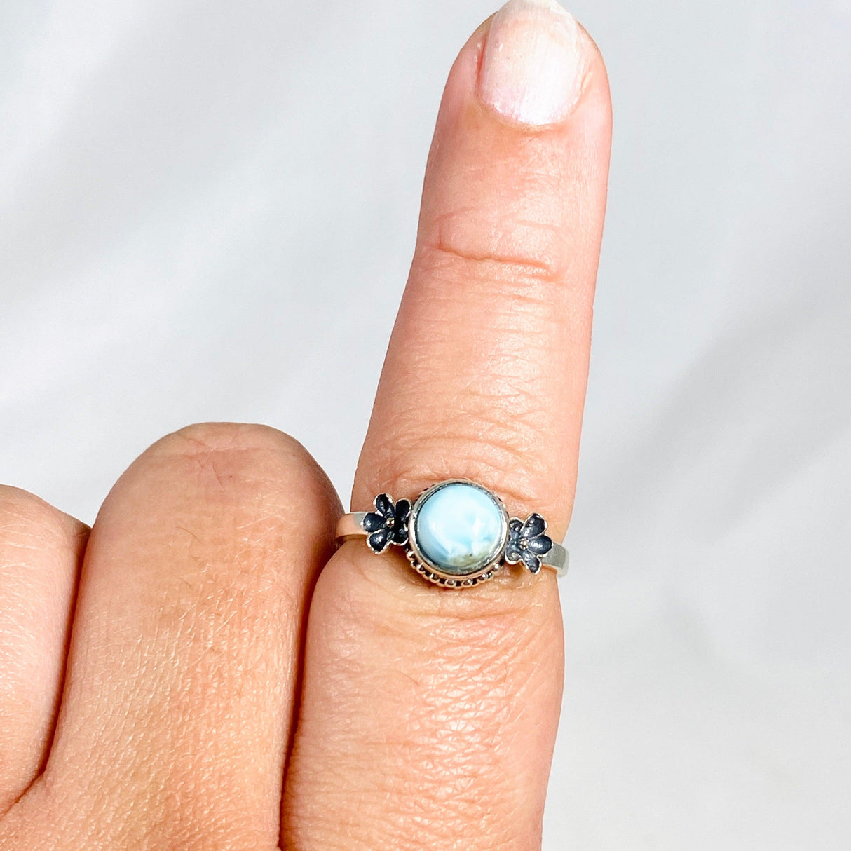 Larimar Petite Round Ring with Flower Detailing Size 9 KRGJ3109 - Nature's Magick