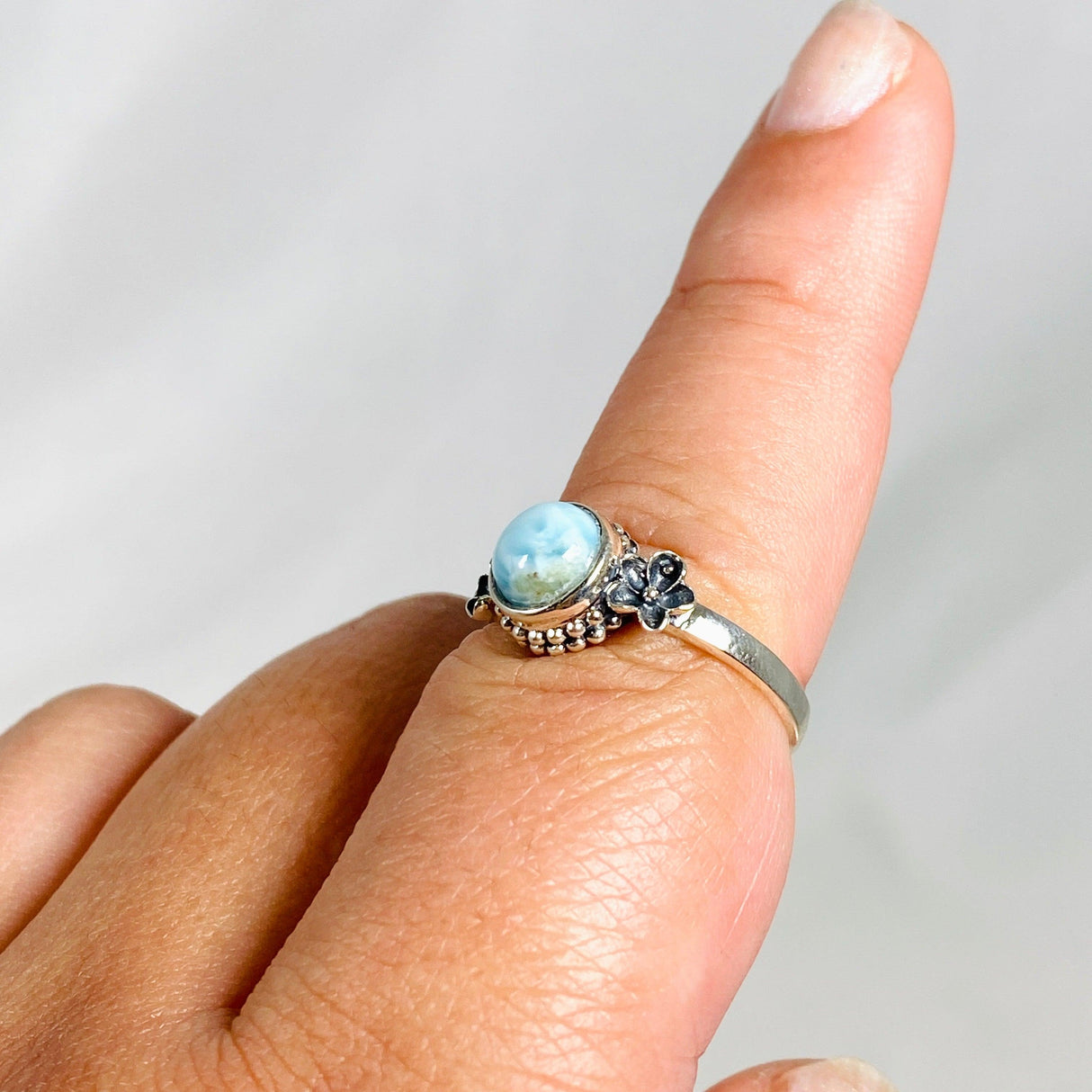 Larimar Petite Round Ring with Flower Detailing Size 9 KRGJ3109 - Nature's Magick