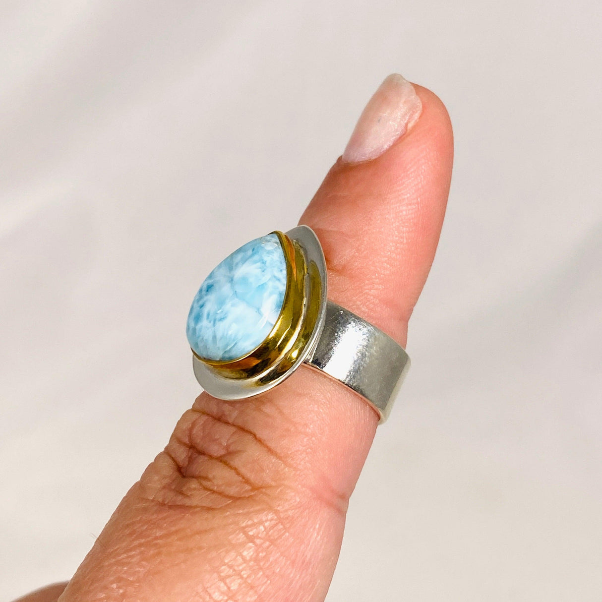 Larimar Teardrop Ring with Brass Detailing Size 6 KRGJ3087 - Nature's Magick