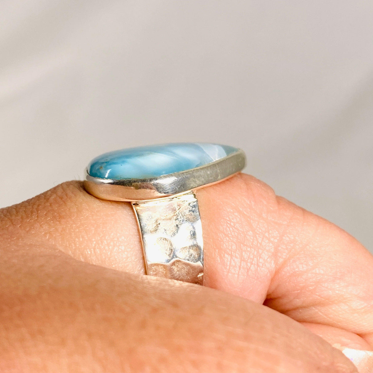 Larimar Triangular Ring with Hammered Band Size 11 KRGJ3100 - Nature's Magick