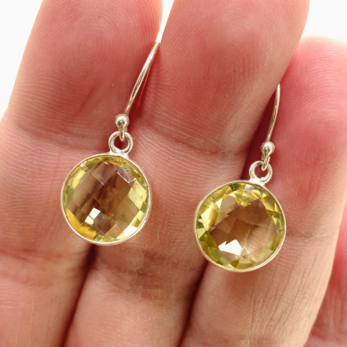 Lemon Quartz Round Checkerboard Faceted Earrings PEGJ335