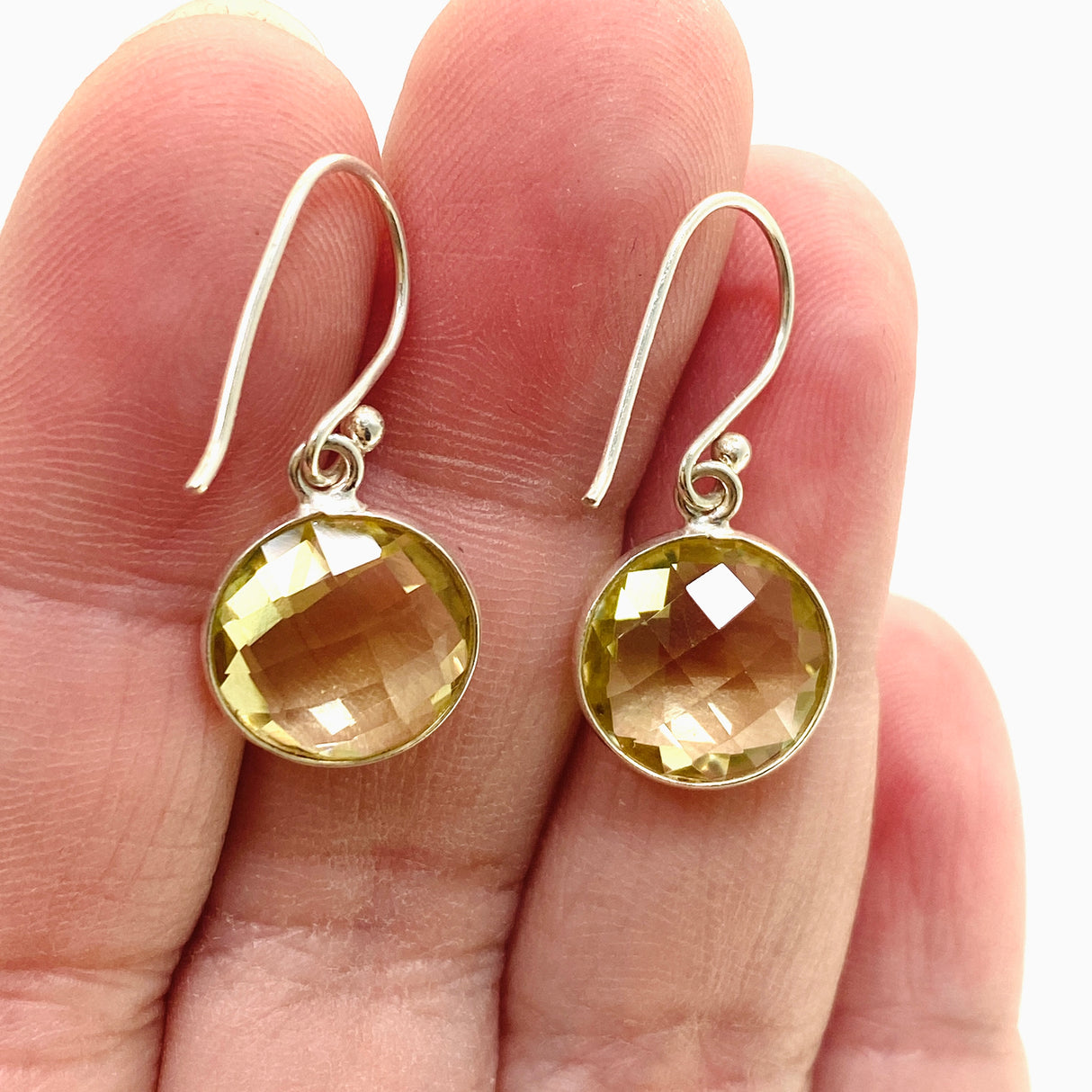 Lemon Quartz Round Checkerboard Faceted Earrings PEGJ335