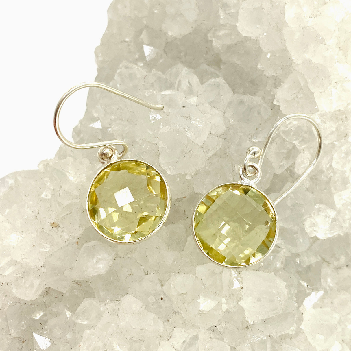 Lemon Quartz Round Checkerboard Faceted Earrings PEGJ335