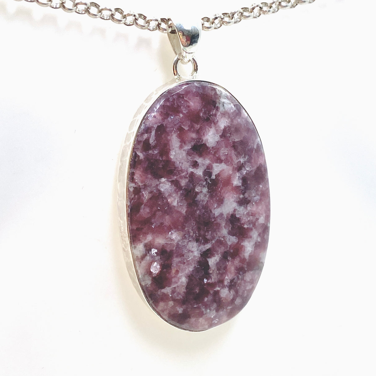 Lepidolite Oval Cabochon Pendant in a Hammered Setting KPGJ4607