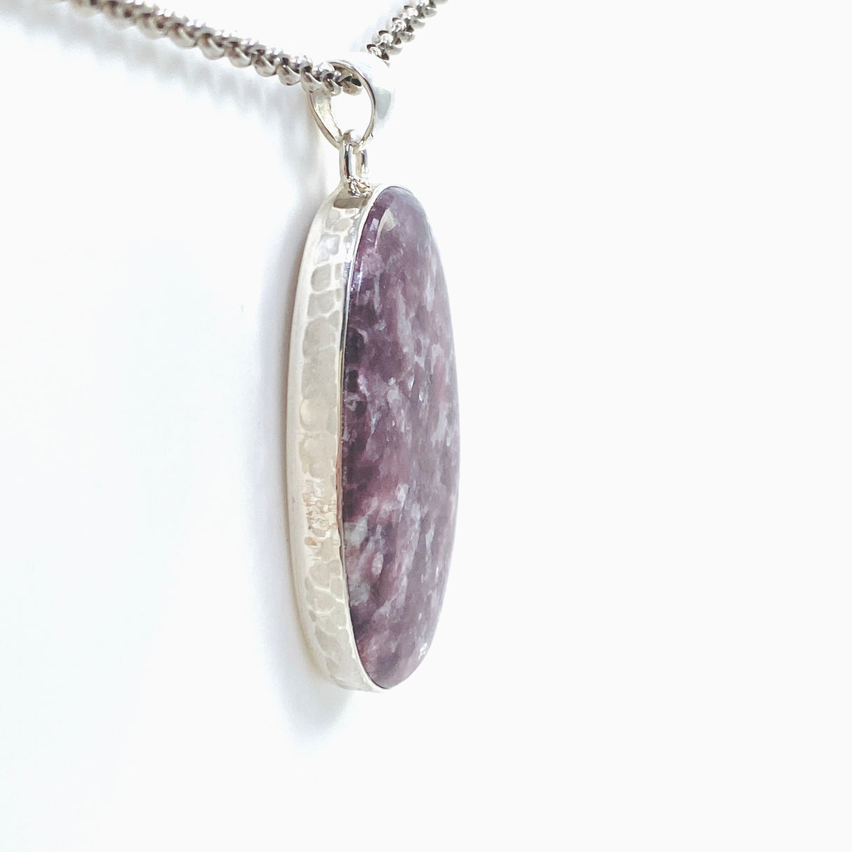 Lepidolite Oval Cabochon Pendant in a Hammered Setting KPGJ4607