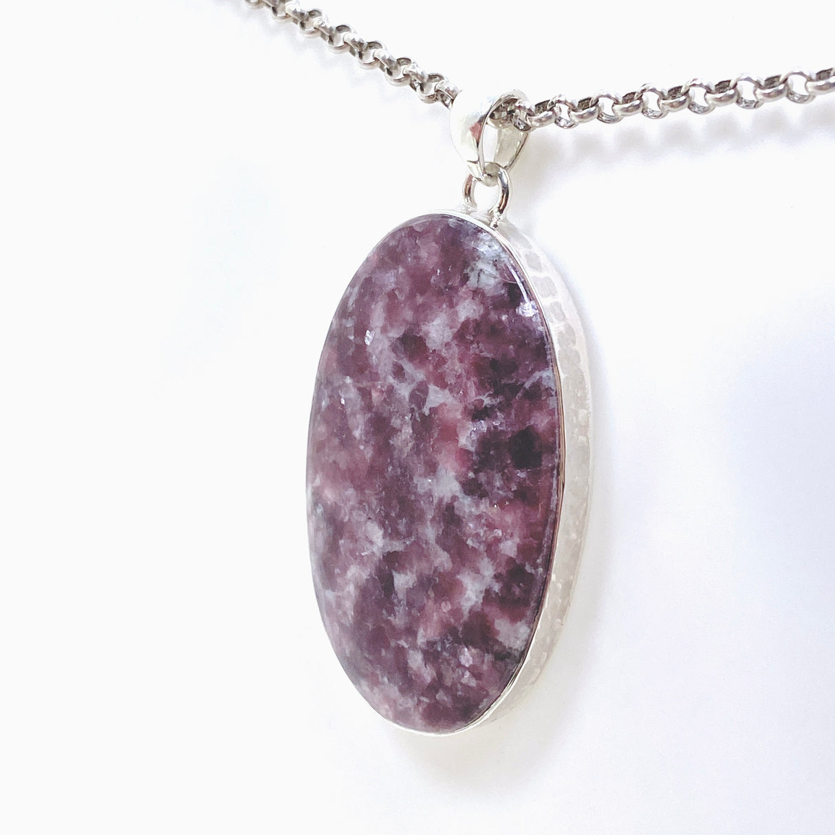 Lepidolite Oval Cabochon Pendant in a Hammered Setting KPGJ4607