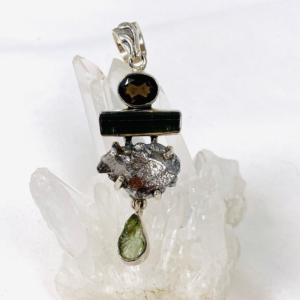 Moldavite, Campo del Cielo Meteorite, Green Tourmaline & Smokey Quartz pendant - Nature's Magick