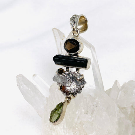 Moldavite, Campo del Cielo Meteorite, Green Tourmaline & Smokey Quartz pendant - Nature's Magick