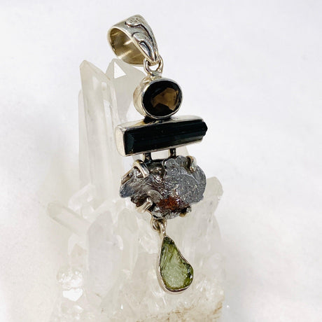 Moldavite, Campo del Cielo Meteorite, Green Tourmaline & Smokey Quartz pendant - Nature's Magick