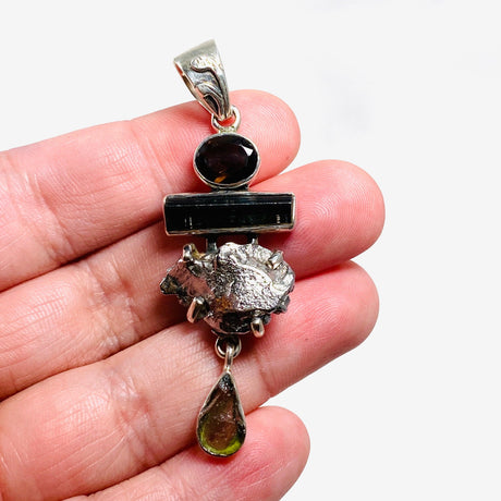 Moldavite, Campo del Cielo Meteorite, Green Tourmaline & Smokey Quartz pendant - Nature's Magick