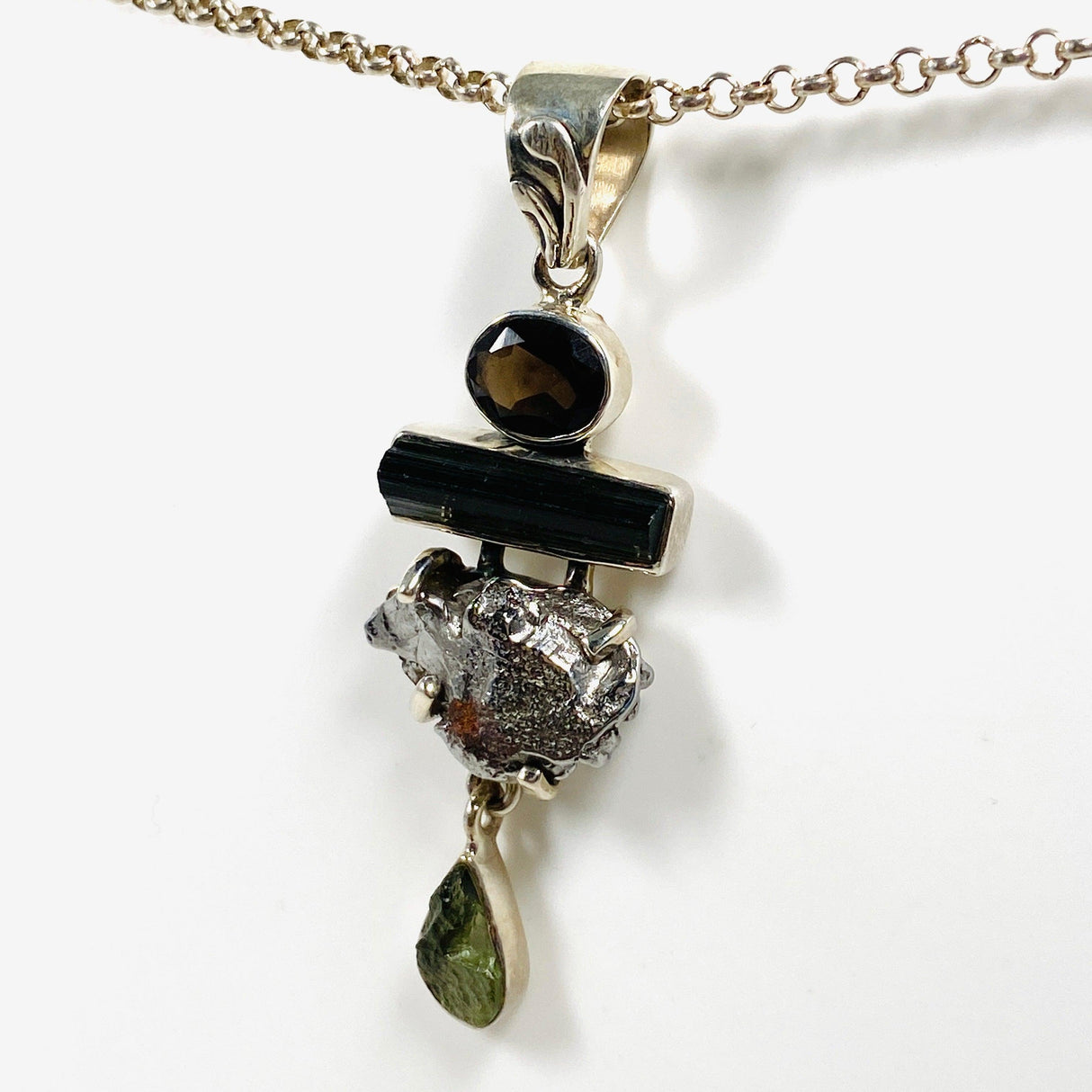 Moldavite, Campo del Cielo Meteorite, Green Tourmaline & Smokey Quartz pendant - Nature's Magick