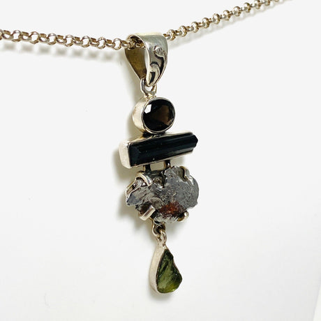 Moldavite, Campo del Cielo Meteorite, Green Tourmaline & Smokey Quartz pendant - Nature's Magick