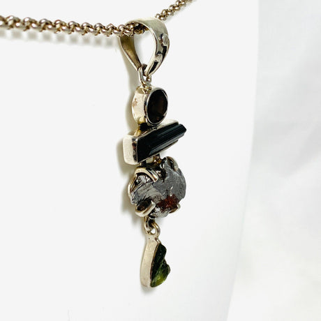 Moldavite, Campo del Cielo Meteorite, Green Tourmaline & Smokey Quartz pendant - Nature's Magick