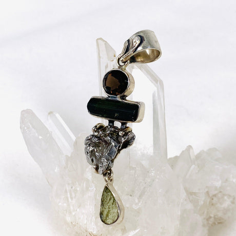 Moldavite, Campo del Cielo Meteorite, Green Tourmaline & Smokey Quartz pendant - Nature's Magick