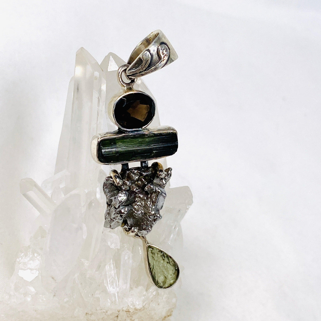 Moldavite, Campo del Cielo Meteorite, Green Tourmaline & Smokey Quartz pendant - Nature's Magick