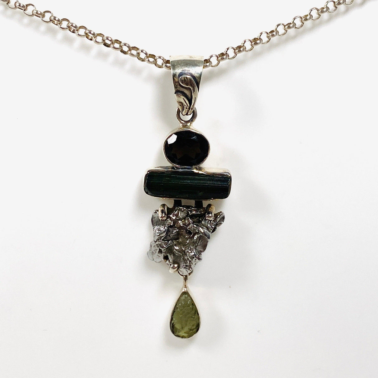 Moldavite, Campo del Cielo Meteorite, Green Tourmaline & Smokey Quartz pendant - Nature's Magick