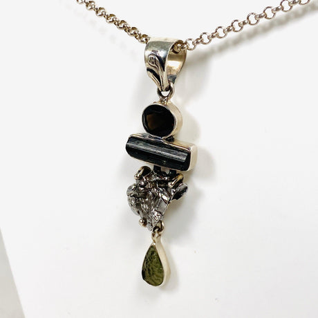 Moldavite, Campo del Cielo Meteorite, Green Tourmaline & Smokey Quartz pendant - Nature's Magick