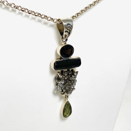 Moldavite, Campo del Cielo Meteorite, Green Tourmaline & Smokey Quartz pendant - Nature's Magick