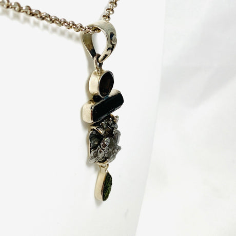 Moldavite, Campo del Cielo Meteorite, Green Tourmaline & Smokey Quartz pendant - Nature's Magick